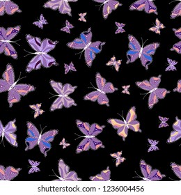 Colorful nice folk vector seamless pattern with butterflies. Colored butterfly on a black, purple and neutral background. Simple cute pattern for invitation, card, print.