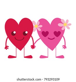 colorful nice hearts couple kawaii with arms and legs