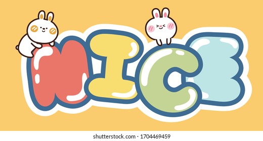 Colorful nice word and rabbit hand drawn background Cartoon character design Animal doodle Text banner Kid graphic Kawaii concept Bunny Message Card Poster Mascot Icon Sticker Vector Illustration 