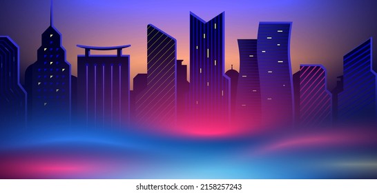 Colorful night city foggy cityscape with glowing neon lights. Futuristic cyberpunk style skyscrapers vector illustration.