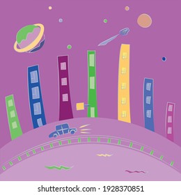 colorful night city on the embankment and a bridge with a road, use for baby book, baby clothes, posters, prints, vector illustration