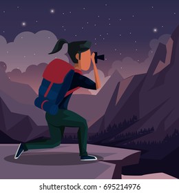 colorful night landscape of hiking woman taking a picture in outdoors