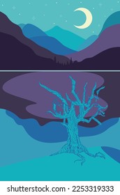 Colorful night landscape with tree, mountains and lake, minimalism style.