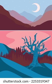 Colorful night landscape with tree, mountains and lake, minimalism style.
