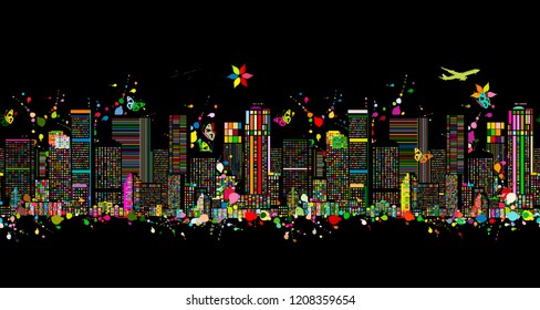 Colorful night metropolis, seamless pattern for your design