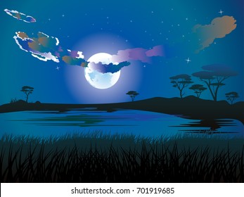 Colorful night scene, african landscape with silhouette of trees.