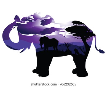 Colorful night scene, african landscape with silhouette of trees and elephant.