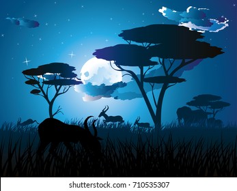 Colorful night scene, african landscape with silhouette of trees and antelopes.