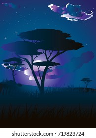 Colorful night scene, african landscape with silhouette of trees.