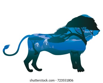 Colorful night scene, african landscape with silhouette of trees and lions.