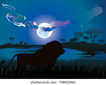 Colorful night scene, african landscape with silhouette of trees and lions.