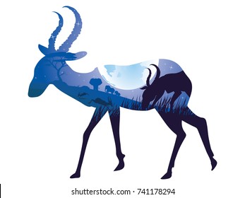 Colorful night scene, african landscape with silhouette of trees and antelopes.