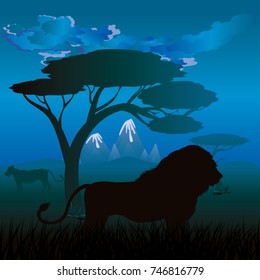 Colorful night scene, african landscape with silhouette of trees and lions.