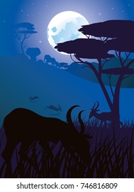 Colorful night scene, african landscape with silhouette of trees and antelopes.