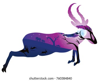 Colorful night scene, african landscape with silhouette of trees and antelopes.