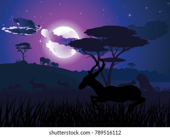 Colorful night scene, african landscape with silhouette of trees and antelopes.