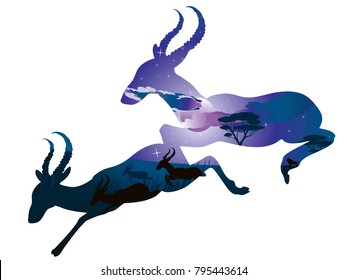 Colorful night scene, african landscape with silhouette of trees and antelopes.