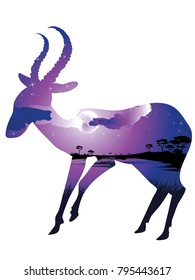Colorful night scene, african landscape with silhouette of trees and antelopes.