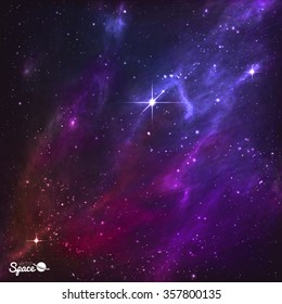 Colorful Night Skies with pole star and purple nebula. Vector Illustration.