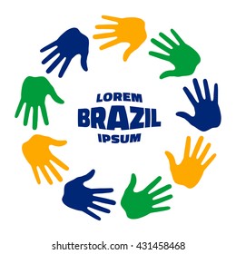 Colorful nine hand print logo using Brazil flag colors 2016. Vector illustration