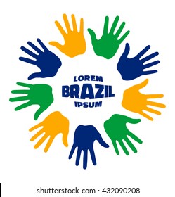 Colorful nine hand print logo using Brazil flag colors 2016. Vector illustration