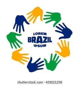 Colorful nine hand print logo using Brazil flag colors 2016. Vector illustration