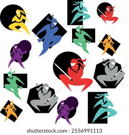 Colorful ninja warriors in dynamic action poses on a black background. Perfect for martial arts, gaming themes, and design projects, offering engaging and ninja-friendly visual content. icon, vektor