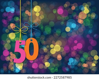 Colorful No 50 suspended on background of colorful bokeh lights