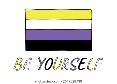 Bandeira do orgulho não-binário colorido Feliz dia do orgulho LGBTQ comunidade Orgulho Mês do Orgulho Desenho à mão desenhado doodle para cartazes, adesivos, logotipo, cartões