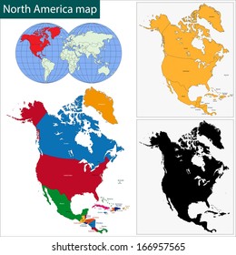 Colorful North America map with countries and capital cities