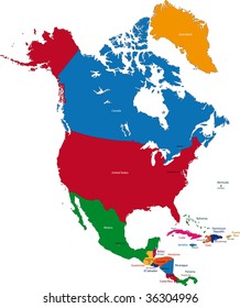 Colorful North America map with countries and capital cities