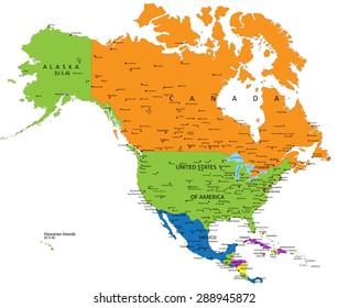 Colorful North America political map with clearly labeled, separated layers. Vector illustration.
