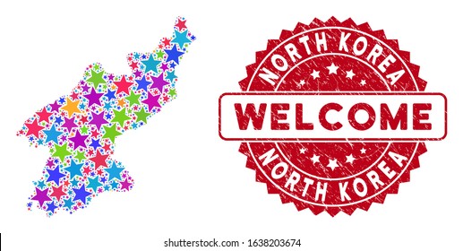 Colorful North Korea map composition of stars, and grunge round red WELCOME seal. Abstract geographic scheme in colorful color hues. Vector North Korea map is designed of color stars.