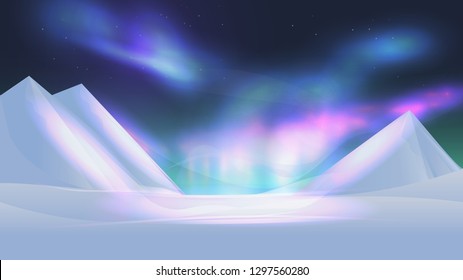 Colorful northern lights aurora borealis in night sky. Winter mountains vector illustration