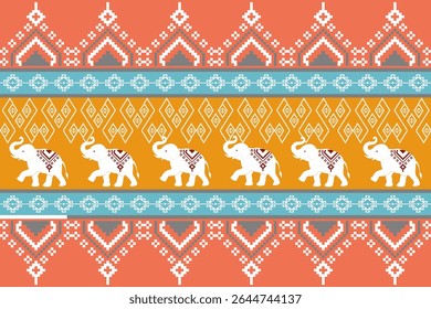 Colorful northern Thai textile pattern in pixel art style featuring traditional motifs and white elephants, symbolizing Thai heritage and cultural identity.