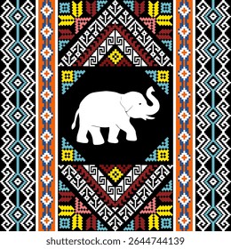 Colorful northern Thai textile pattern in pixel art style featuring traditional motifs and white elephants, symbolizing Thai heritage and cultural identity.