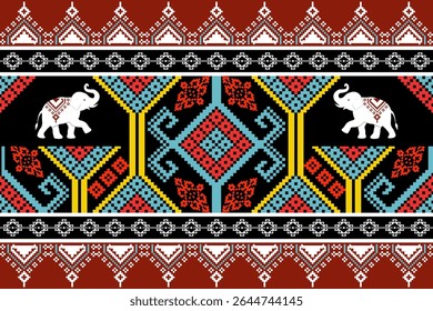 Colorido patrón textil tailandés del norte en estilo pixel art con motivos tradicionales y elefantes blancos, que simbolizan la herencia tailandesa y la identidad cultural.