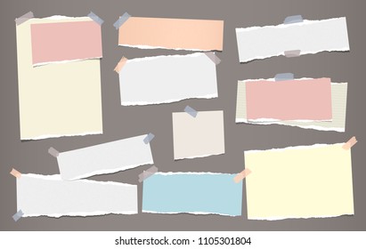 Colorful note, notebook paper pieces with torn edge stuck on dark brown backgroud. Vector illustration.