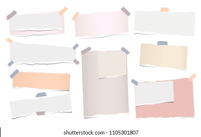 Colorful note, notebook paper pieces with torn edge stuck on white backgroud. Vector illustration.