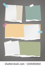 Colorful note, notebook paper pieces with torn edge stuck on dark gray backgroud. Vector illustration.