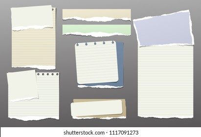 Colorful note, notebook paper pieces with torn edge stuck on dark gray backgroud. Vector illustration.