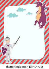Colorful note page with a  knight and dragon. Organizer with a place for Notes. Vector illustration.