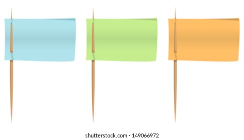 Colorful note papers on toothpicks like flags. Vector illustration
