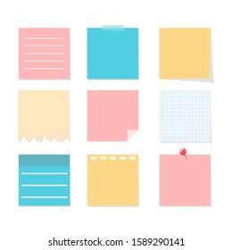 Colorful note sheet set. Vector isolated notepaper. Office adhesive reminder. Blank space on sticky paper sheet.