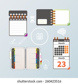 Colorful notebook and calendar set. Vector Illustration.