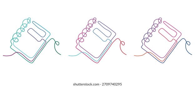 Ilustración de cuaderno colorido en estilo de arte de línea continua para proyectos creativos y concepto de regreso a la escuela Tres opciones variadas