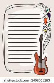 Colorful notebook page with musical elements and notes and bright splashes and drops. Template for notes and diary