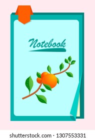 Colorful notebook with a sprig, leafs and oranges. Red bookmark in notebook