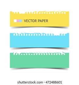 Colorful notebook torn paper isolated on white, realistic vector paper. Notebook paper pieces for dividers, web banners, education illustration. Torn note paper