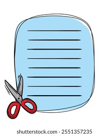 Farbige Notizblock-Seitenvorlage. Vektorgrafik von Scheren und handgefertigten Gegenständen. Leeres Feld für Text und Design. Layout für Label, Preisschild, Banner